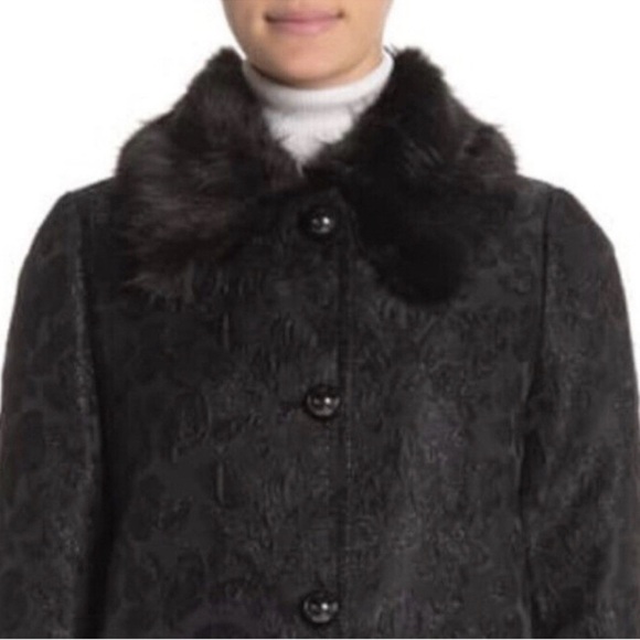 Kate Spade Black Metallic Jacquard Faux Fur Trim Coat Size 0 - Picture 3 of 9